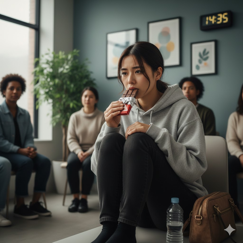 メンタルクリニックで診察を待つ女性