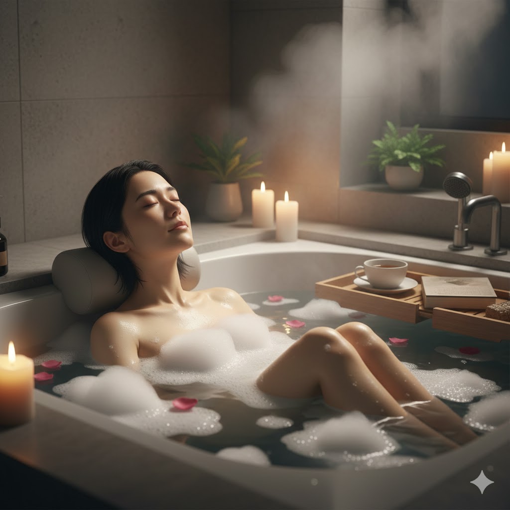 湯船につかりリラックスする女性