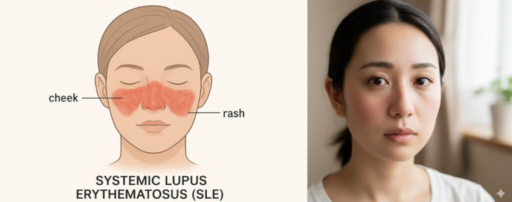 顔に蝶のような形をした赤い発疹（蝶形紅斑）