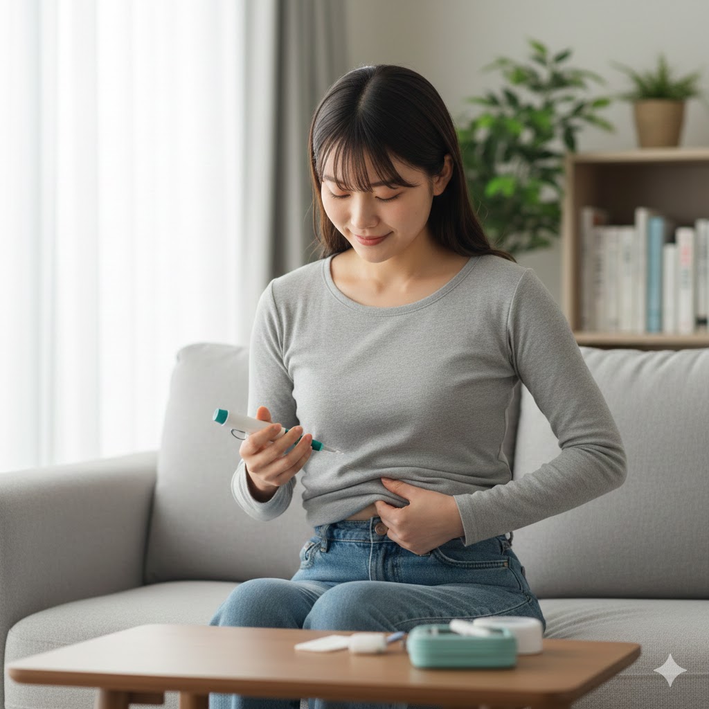 インシュリン自己注射を行う女性