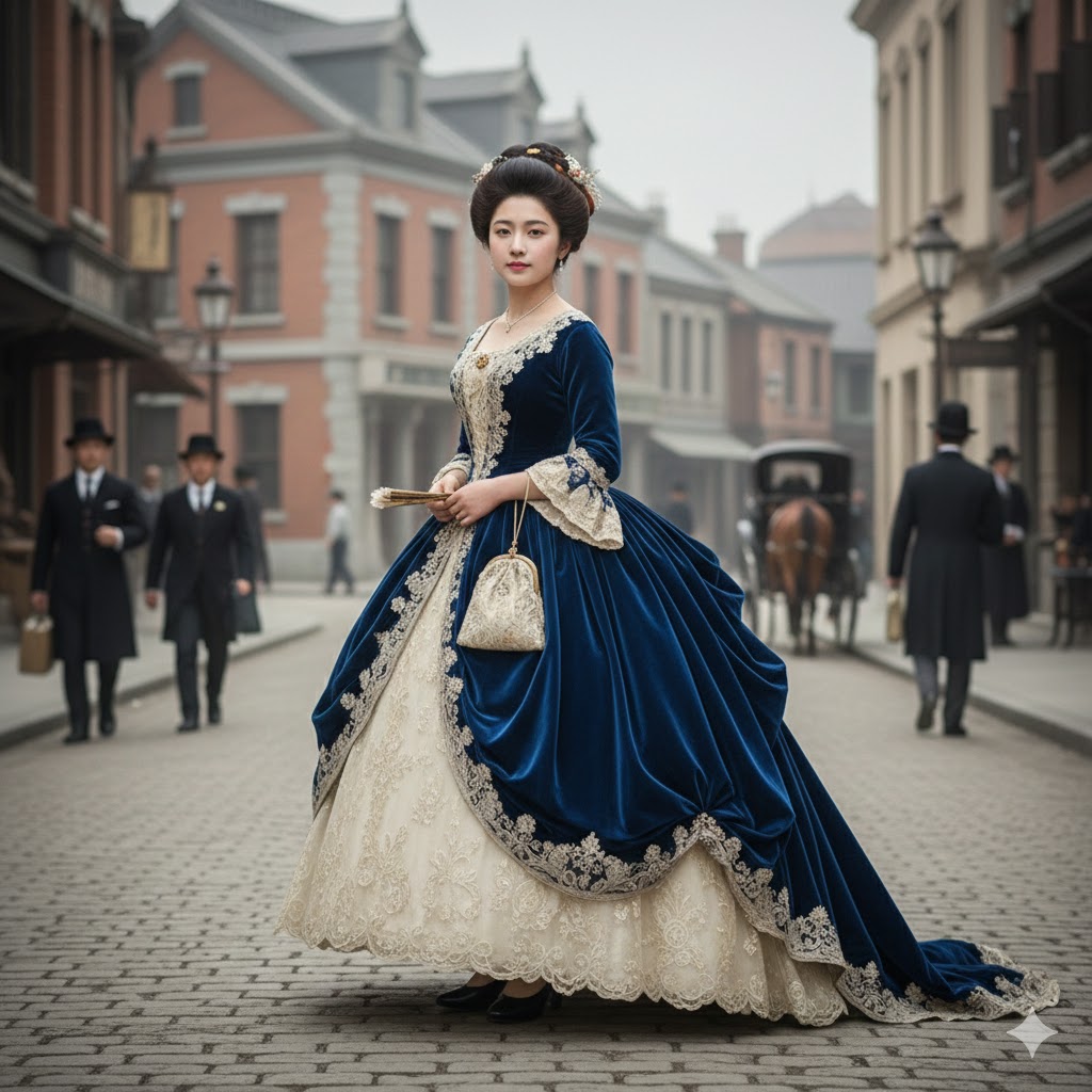 ペチコートのついた幅広いスカートなどを着た女性