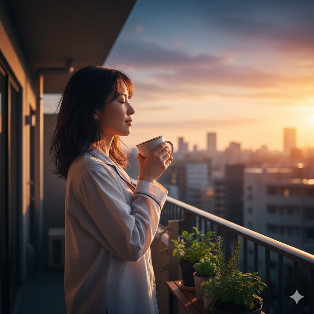 朝日を浴びる女性