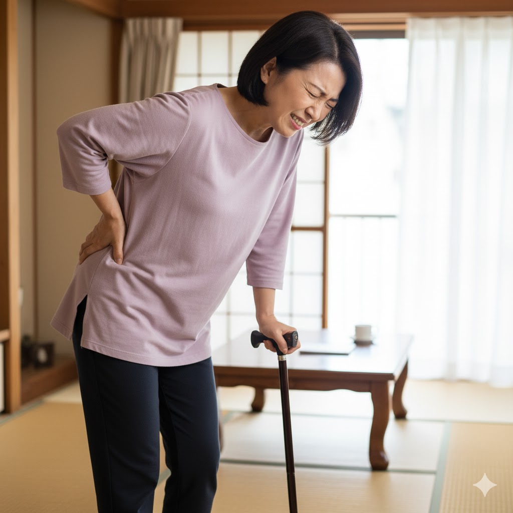 股関節が痛くてつらそうな女性