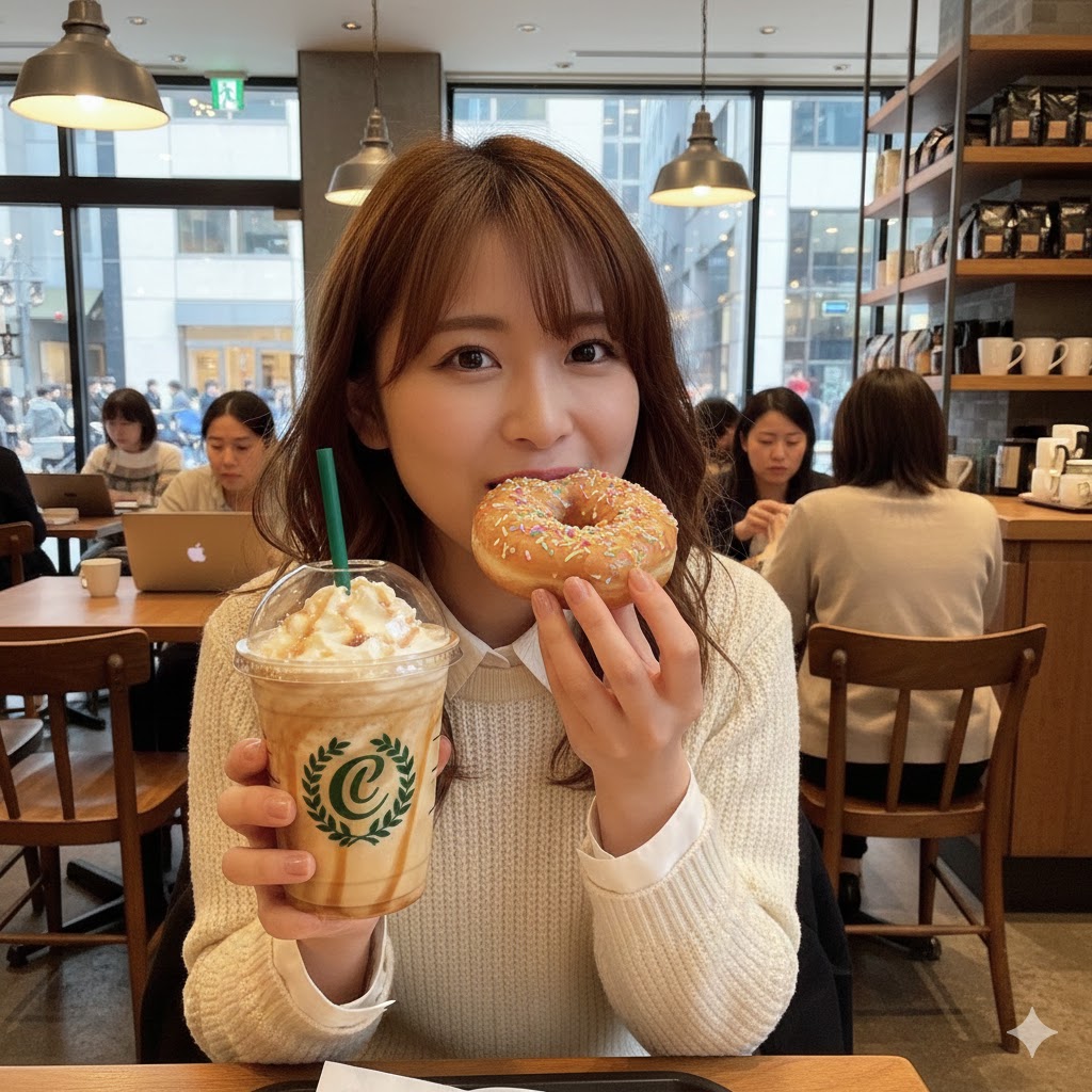 ホイップクリームたっぷりのフラペチーノを片手にドーナツを食べる女性
