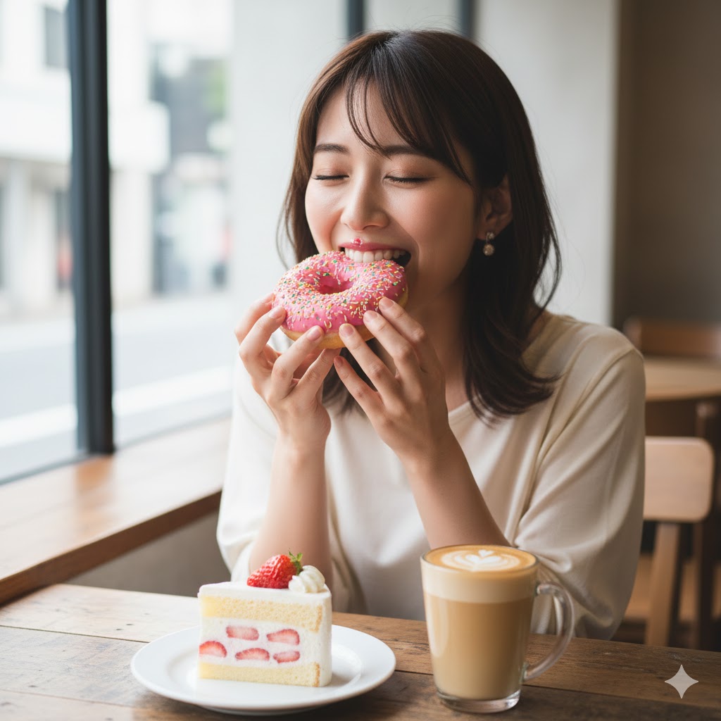 ドーナツ（小麦、甘い物）をおいしそうに食べる女性