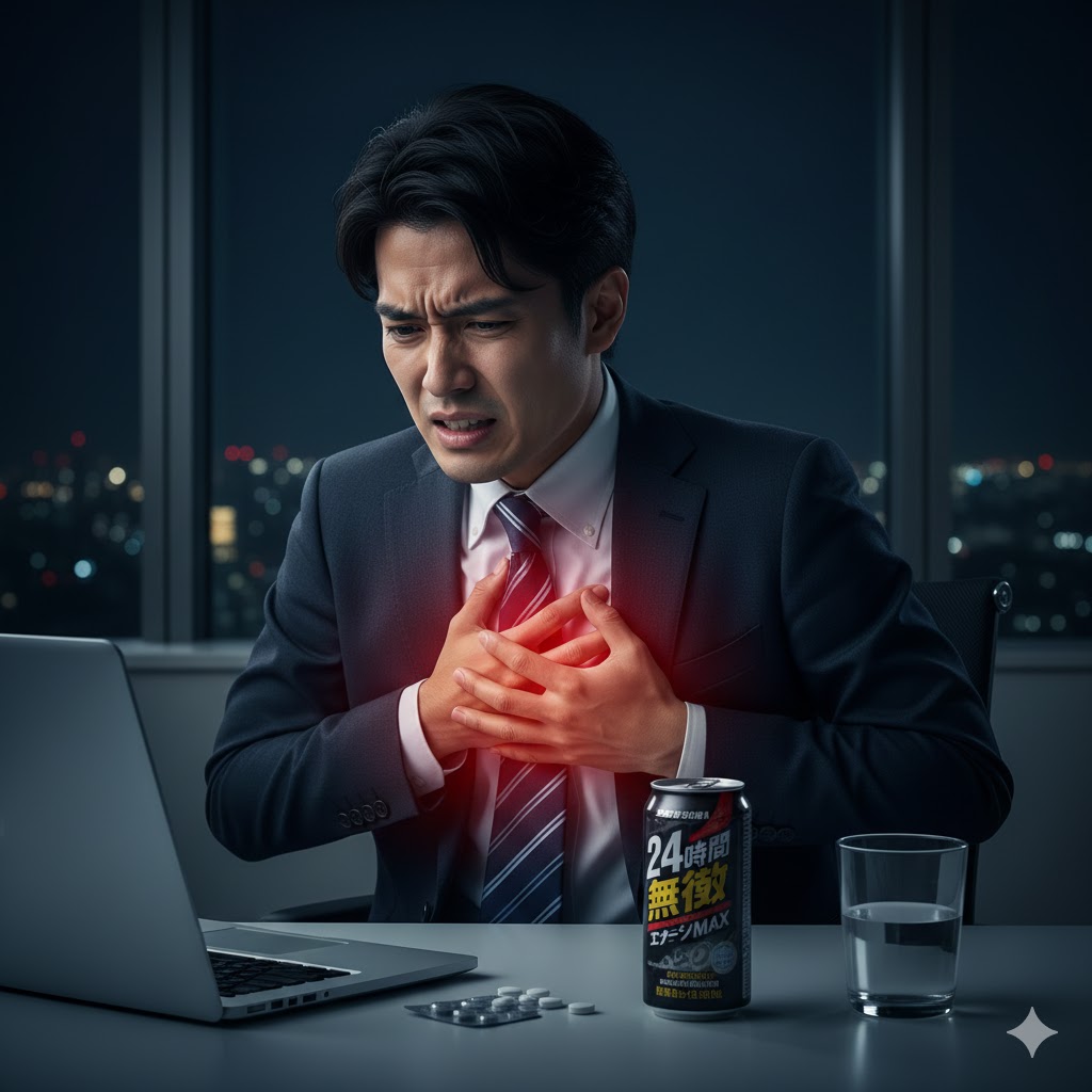 エナジードリンクを飲んで動悸を起こすサラリーマン