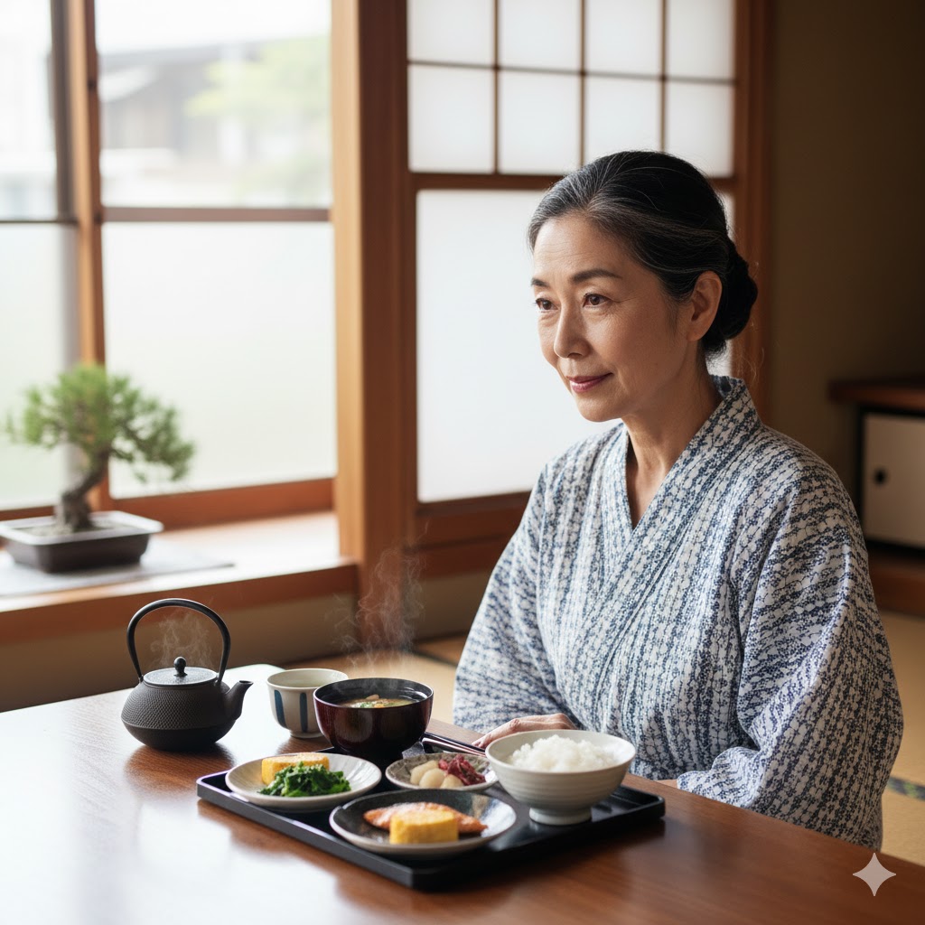 和食を食べる認知症の女性