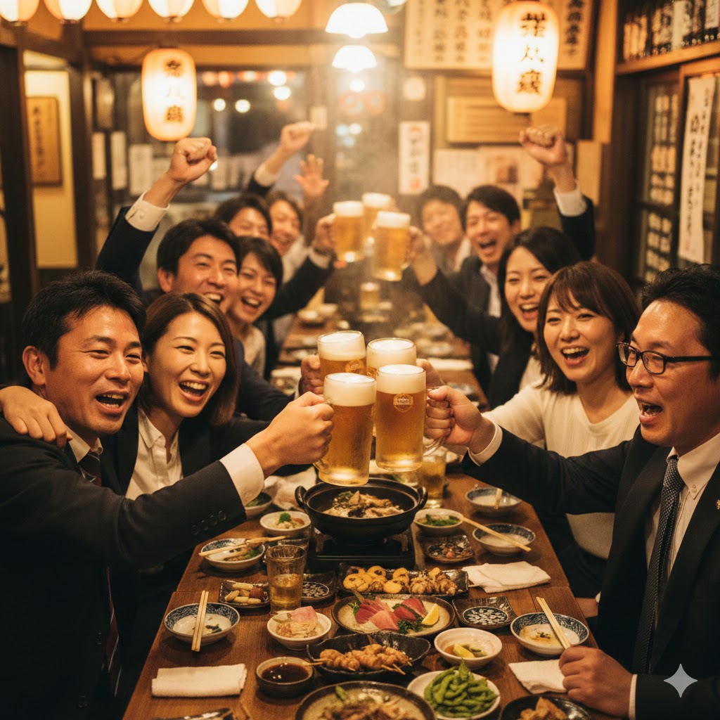 忘年会でビールを飲むサラリーマン