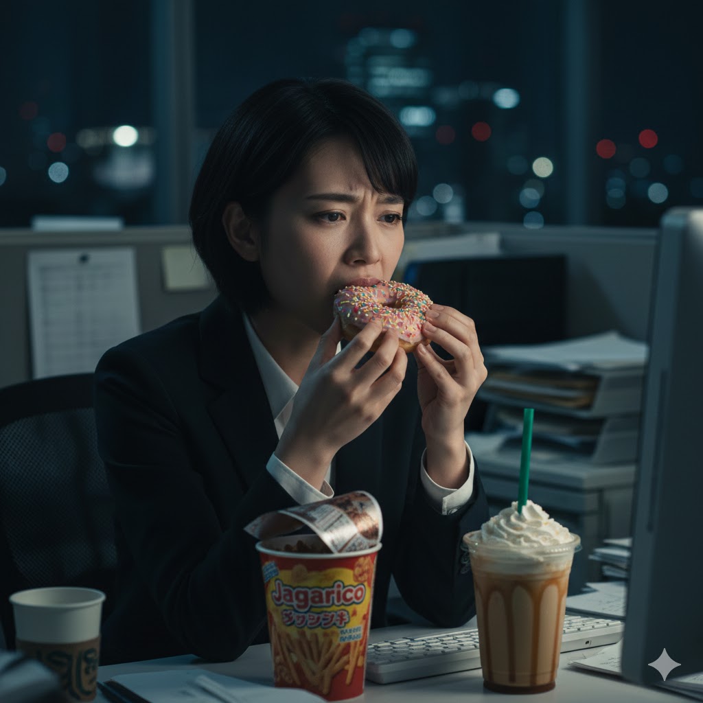 ストレス解消のためドーナツ(四毒の塊)を食べる女性