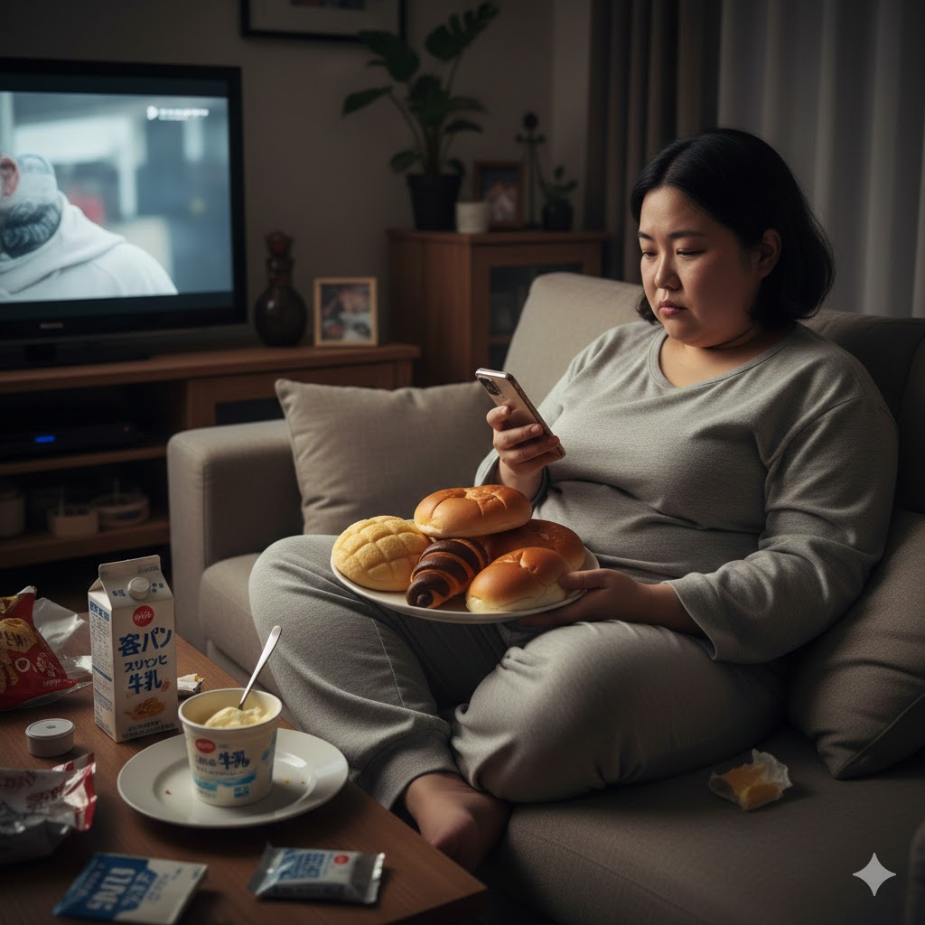 夜食にパン、アイスクリームを食べ牛乳を飲む女性。